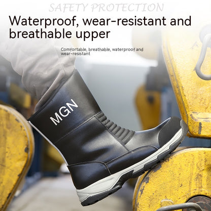 Plus size black safety shoes by BackupMyFilesNow.com with anti-smashing and anti-stab features displayed on the image.