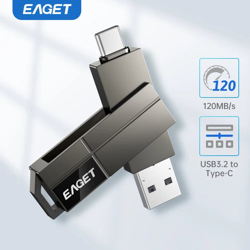 Eaget USB 3.2 Type-C to USB flash drive, 64GB capacity, portable memory stick with dual Type-C and USB connectors.