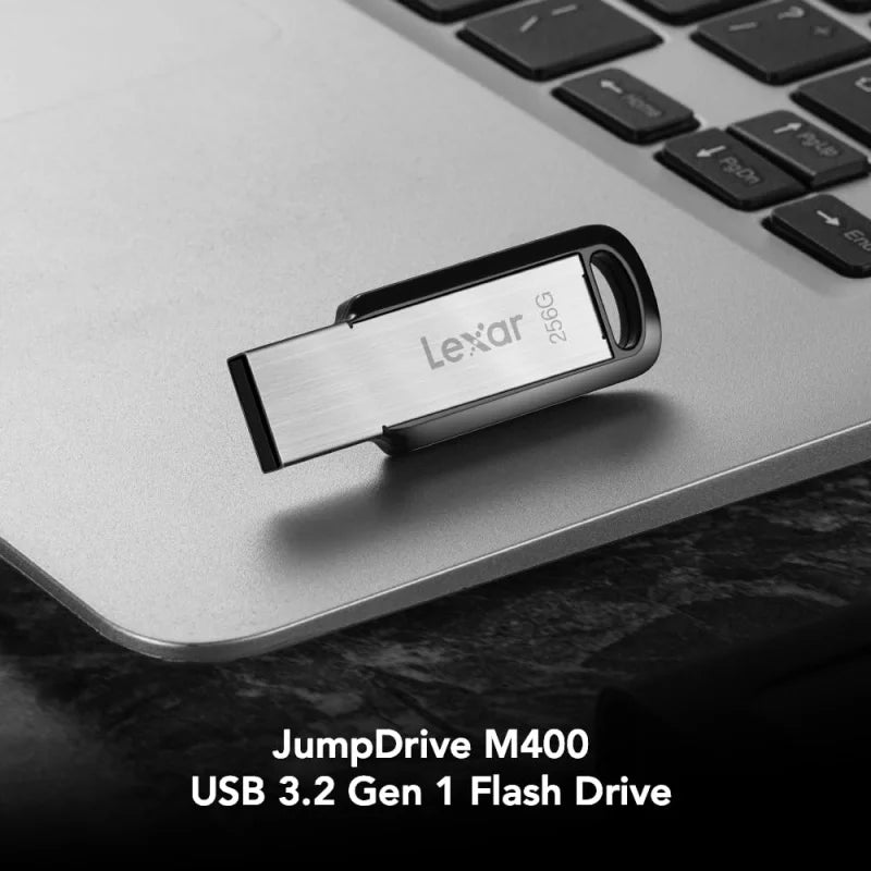 Lexar JumpDrive M400 Metal USB 3.2 flash drive in black, 64GB capacity, with key-style design for PC data storage and transfer.