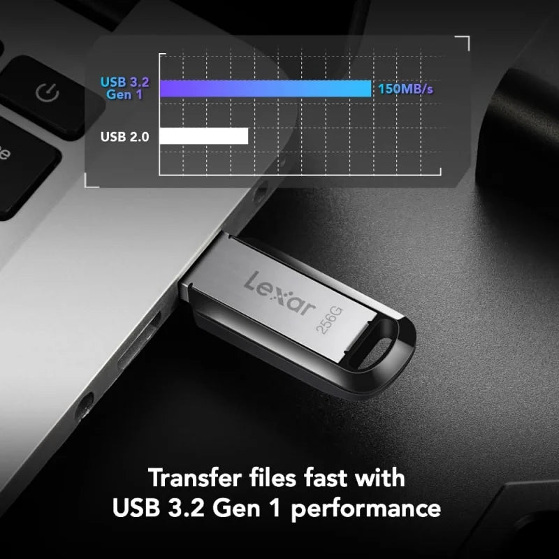 Lexar JumpDrive M400 Metal USB 3.2 flash drive in black, 64GB capacity, with key-style design for PC data storage and transfer.
