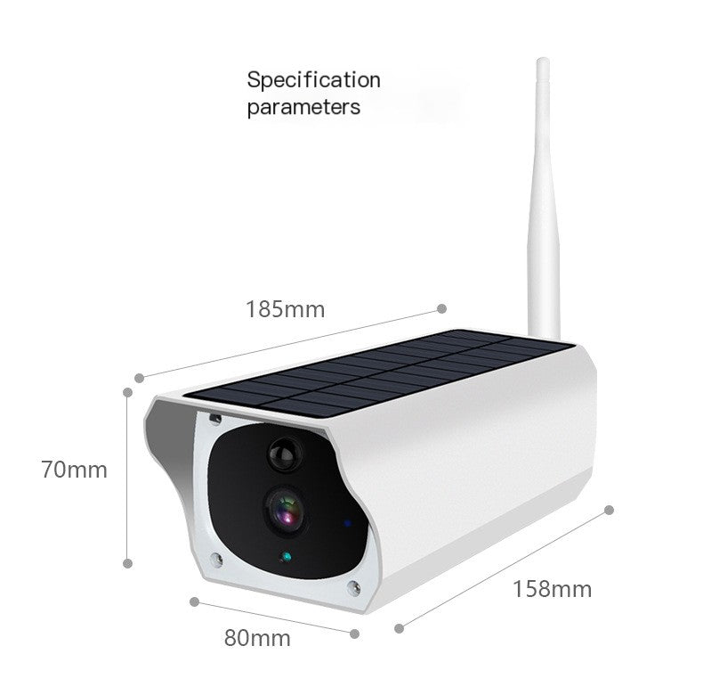 Outdoor solar wireless WiFi security camera with night vision and 64GB memory card for outdoor surveillance and security.