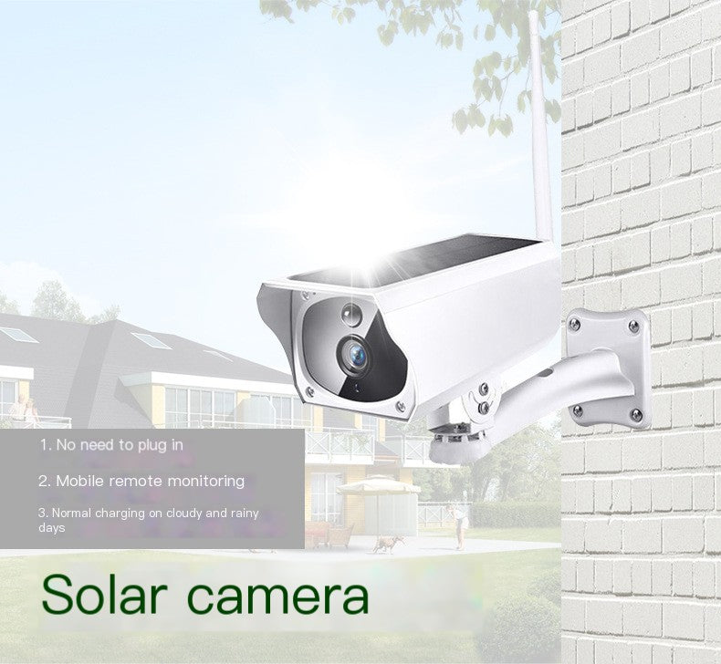 Outdoor solar wireless WiFi security camera with night vision and 64GB memory card for enhanced home security.