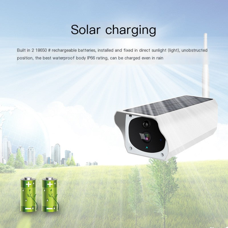 Outdoor solar wireless WiFi security camera with night vision and 64GB memory card for outdoor surveillance.