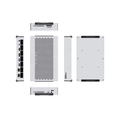 FEVM FAEX1 AMD Ryzen AI MAX+395 mini workstation PC with WiFi, Bluetooth, USB4, Oculink, 10G LAN port, Windows 11 installed.