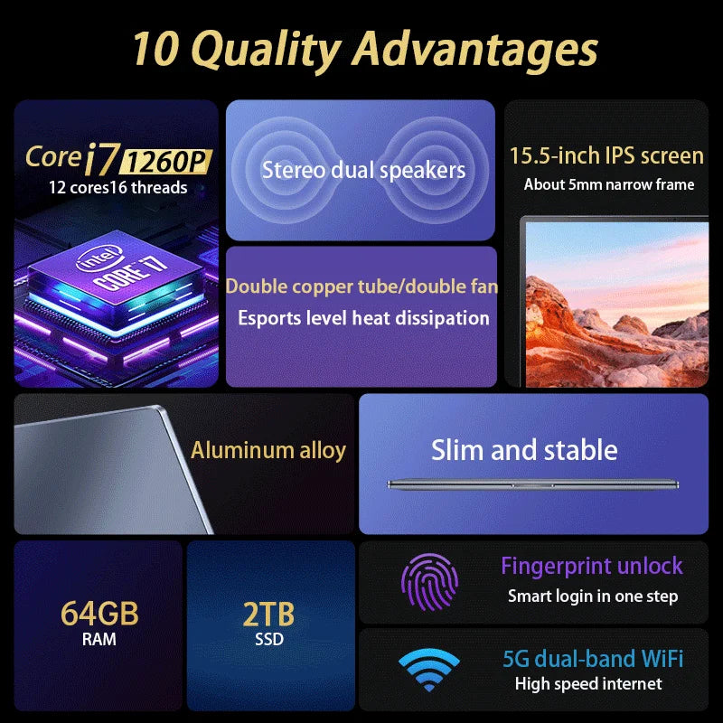 15.6-inch ultrabook laptop with Intel Core i9 and i7, 64GB RAM, 2TB SSD, Windows 11, fingerprint unlock, high-performance computer.