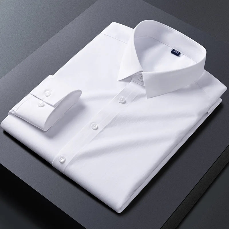 White bamboo fiber men's long sleeve dress shirt from BACKUPMYFILESNOW.COM, slim fit, anti-wrinkle, suitable for business and formal wear.