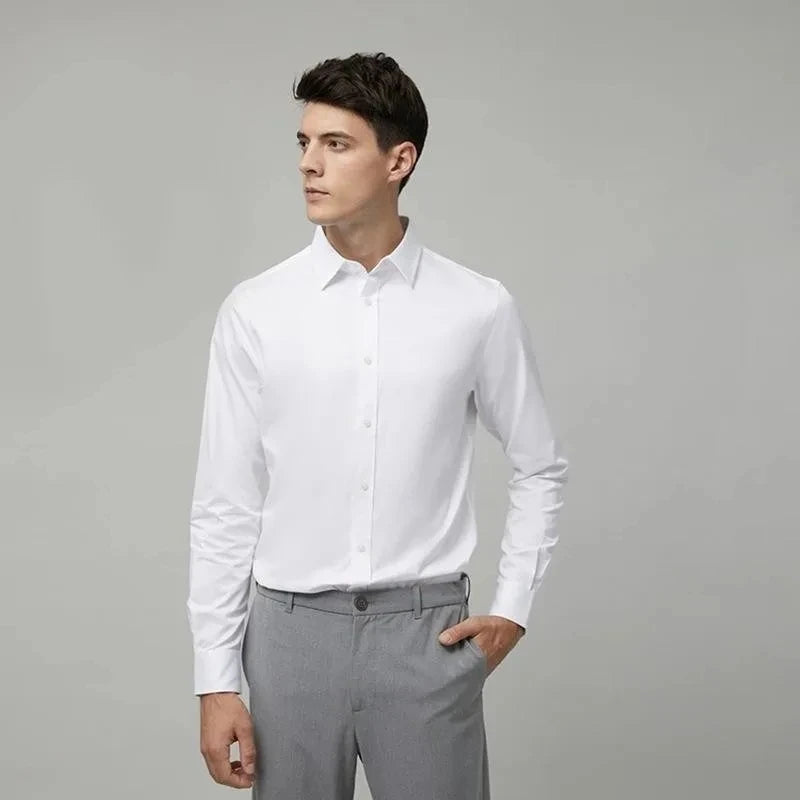 White bamboo fiber men's long sleeve dress shirt, slim fit, anti-wrinkle, for business and casual wear, available in sizes S to 8XL.