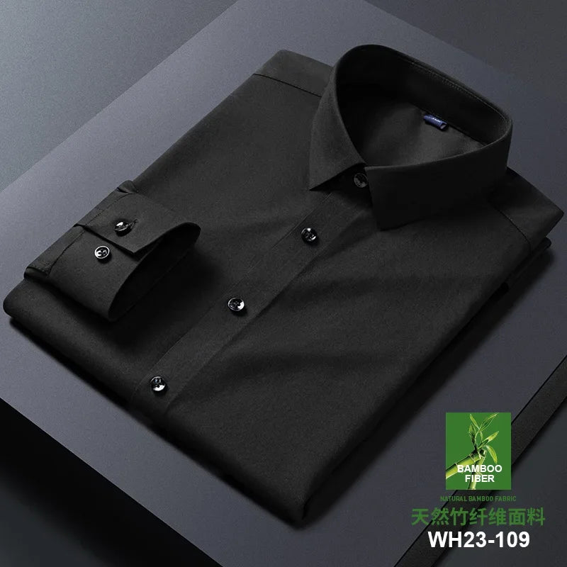 White bamboo fiber anti-wrinkle men's long sleeve dress shirt, slim fit, casual and business style, available in multiple sizes.