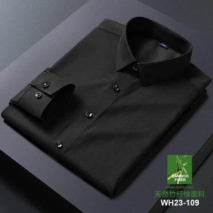White bamboo fiber anti-wrinkle men's long sleeve dress shirt, slim fit, casual and business style, available in multiple sizes.