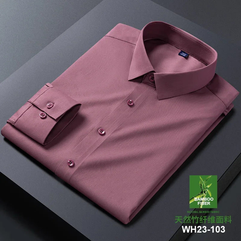 White bamboo fiber men's long sleeve dress shirt, slim fit, anti-wrinkle, suitable for business and casual wear, available in multiple sizes.