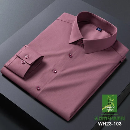 White bamboo fiber men's long sleeve dress shirt, slim fit, anti-wrinkle, suitable for business and casual wear, available in multiple sizes.