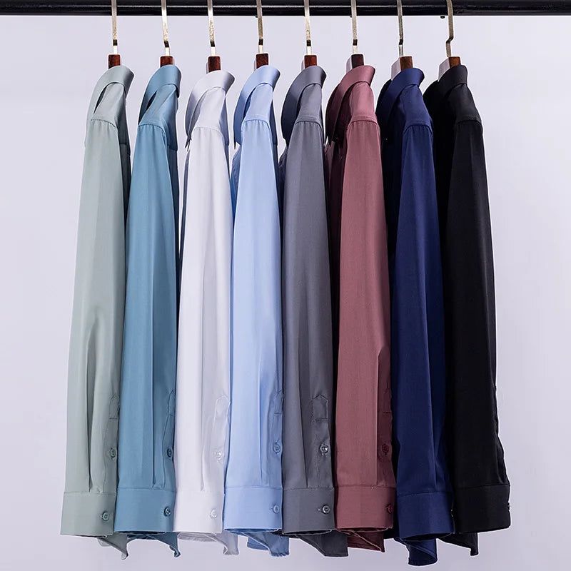White bamboo fiber men's long sleeve dress shirt for slim fit, anti-wrinkle, suitable for business and casual wear.