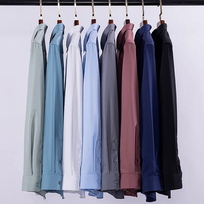 White bamboo fiber men's long sleeve dress shirt for slim fit, anti-wrinkle, suitable for business and casual wear.