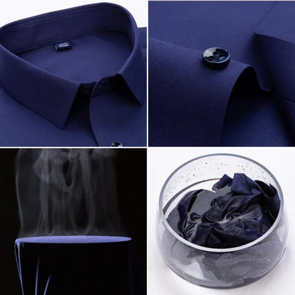 White bamboo fiber men's long sleeve dress shirt, slim fit, anti-wrinkle, suitable for business or casual wear, available in multiple sizes.