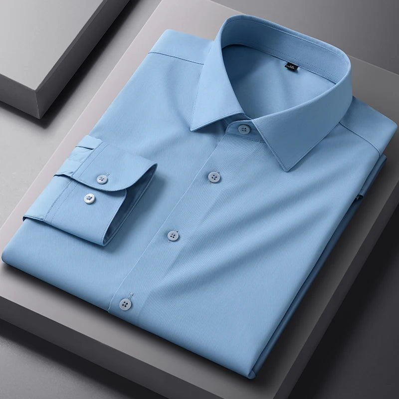 White bamboo fiber men's long sleeve dress shirt from BACKUPMYFILESNOW.COM®, slim fit, anti-wrinkle, suitable for business and formal wear.