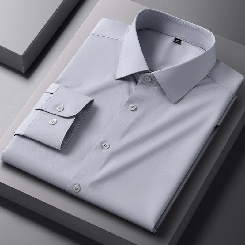 White bamboo fiber men's dress shirt with long sleeves, slim fit, anti-wrinkle fabric, suitable for business and social occasions.