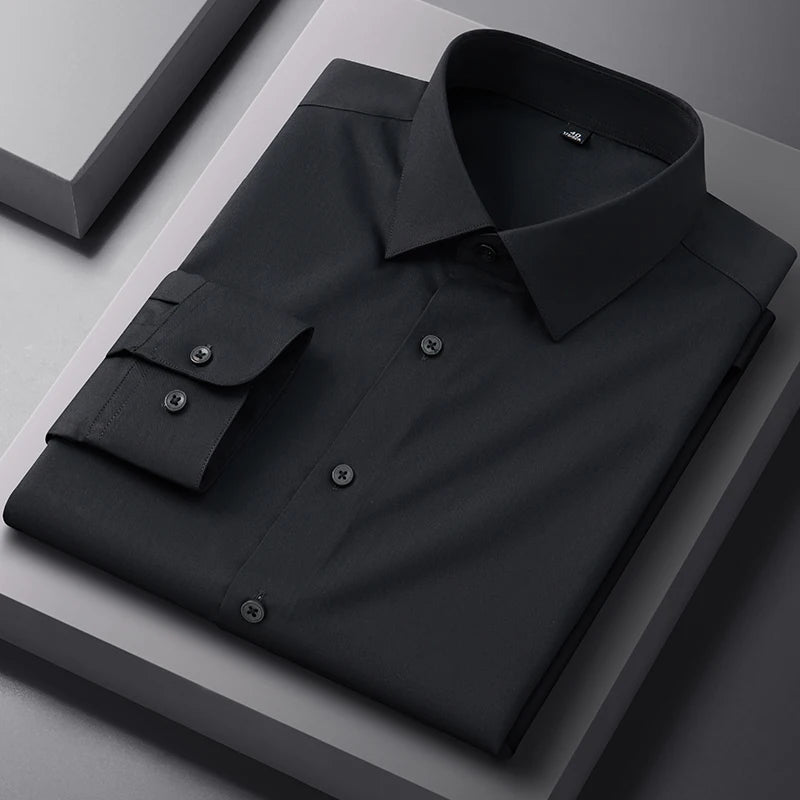 White bamboo fiber men's long sleeve dress shirt, slim fit, anti-wrinkle, casual and business style, available in sizes S to 8XL.