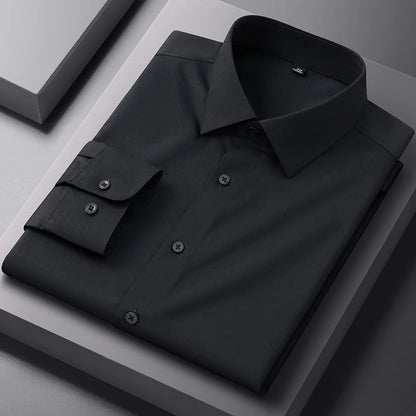 White bamboo fiber men's long sleeve dress shirt, slim fit, anti-wrinkle, casual and business style, available in sizes S to 8XL.