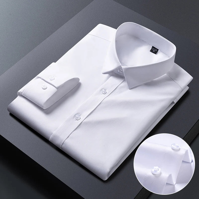White bamboo fiber anti-wrinkle men's long sleeve dress shirt in slim fit style, available in sizes S to 8XL, designed for business and casual wear.