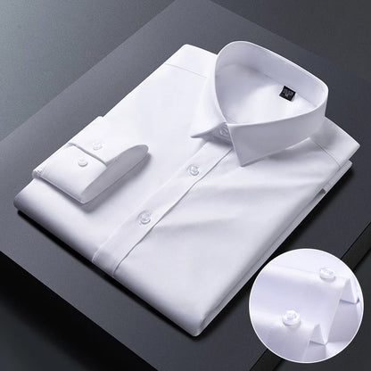 White bamboo fiber anti-wrinkle men's long sleeve dress shirt in slim fit style, available in sizes S to 8XL, designed for business and casual wear.