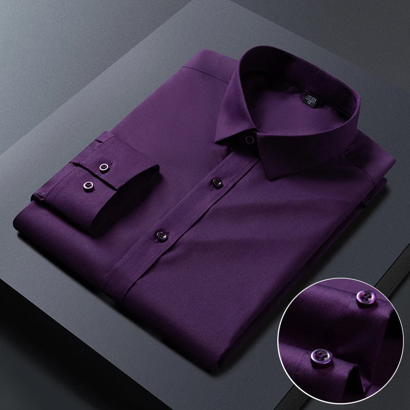 White bamboo fiber men's long sleeve dress shirt by BACKUPMYFILESNOW.COM®, slim fit, anti-wrinkle, suitable for business and formal wear.