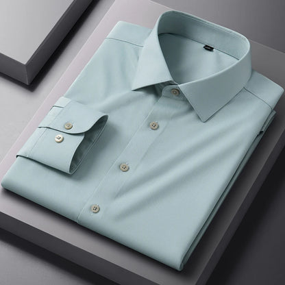 White bamboo fiber anti-wrinkle men's long sleeve dress shirt, slim fit, for business and formal wear, available in sizes S to 8XL.
