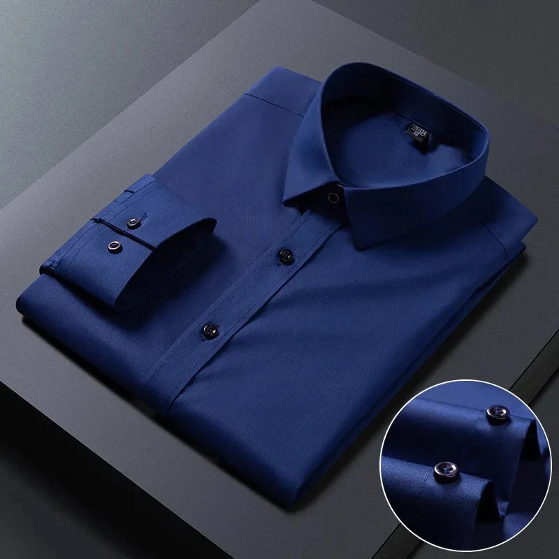 White bamboo fiber anti-wrinkle men's long sleeve dress shirt, slim fit, for business and casual wear, available in sizes S to 8XL.