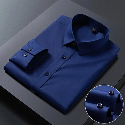 White bamboo fiber anti-wrinkle men's long sleeve dress shirt, slim fit, for business and casual wear, available in sizes S to 8XL.