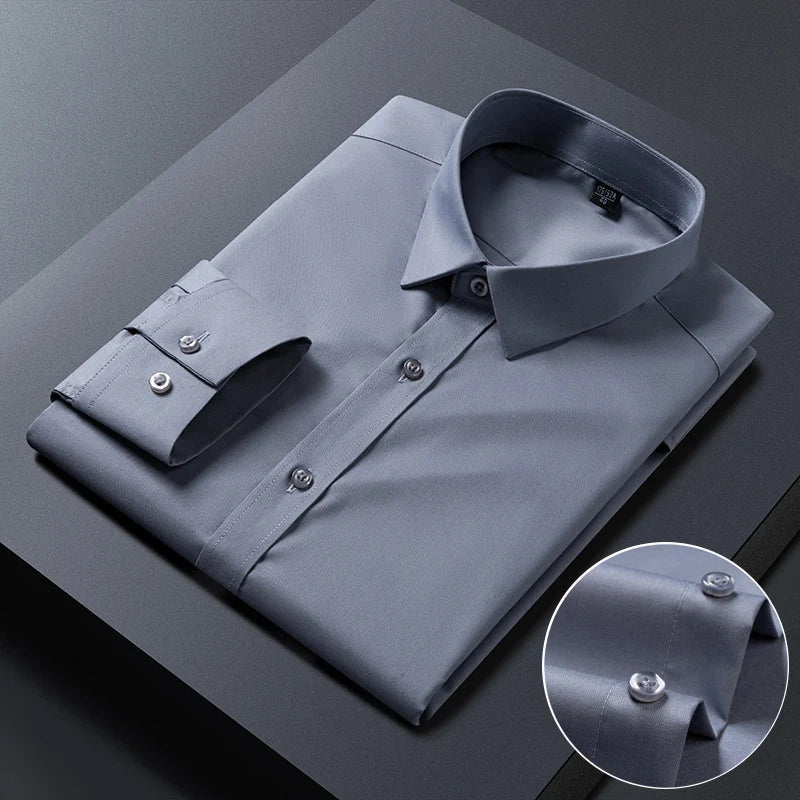 White bamboo fiber men's long sleeve dress shirt, slim fit, anti-wrinkle, for business or casual wear, available in S to 8XL.