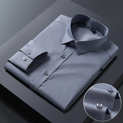 White bamboo fiber men's long sleeve dress shirt, slim fit, anti-wrinkle, for business or casual wear, available in S to 8XL.