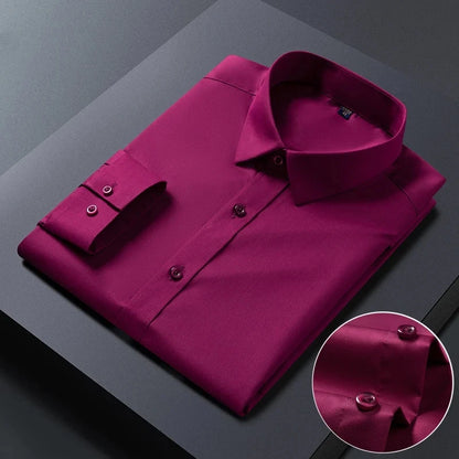 White bamboo fiber anti-wrinkle men's long sleeve dress shirt in slim fit, available in sizes S to 8XL, styled for business or casual wear.