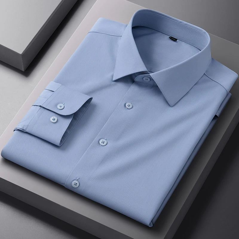 White bamboo fiber anti-wrinkle men's long sleeve dress shirt in slim fit, available in sizes S to 8XL, for business and formal wear.
