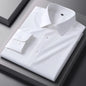 White bamboo fiber men's long sleeve dress shirt by BACKUPMYFILESNOW.COM®, slim fit, anti-wrinkle, suitable for business and casual wear.