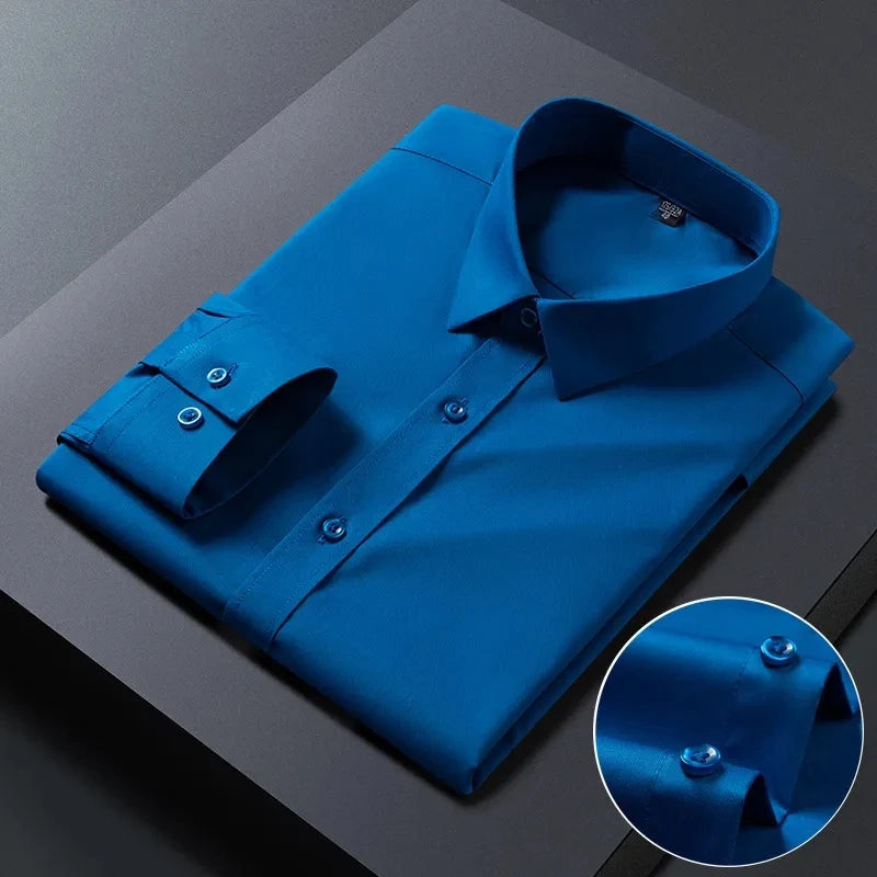White bamboo fiber anti-wrinkle men's long sleeve dress shirt, slim fit, for business or casual wear, available in S to 8XL.