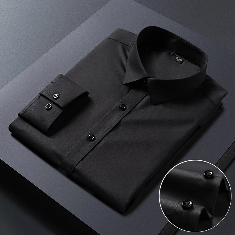 White bamboo fiber men's long sleeve dress shirt by BACKUPMYFILESNOW.COM®, slim fit, anti-wrinkle, suitable for business and formal wear.