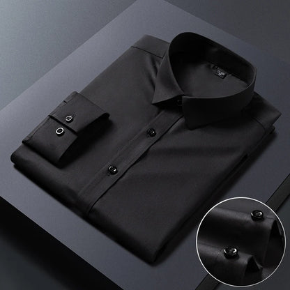 White bamboo fiber men's long sleeve dress shirt by BACKUPMYFILESNOW.COM®, slim fit, anti-wrinkle, suitable for business and formal wear.