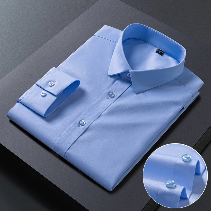 White bamboo fiber anti-wrinkle men's long sleeve dress shirt, slim fit, casual and business style, available in S to 8XL sizes.