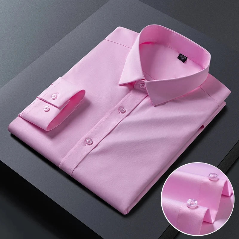 White bamboo fiber anti-wrinkle men's long sleeve dress shirt, slim fit, for business and casual wear, available in sizes S to 8XL.