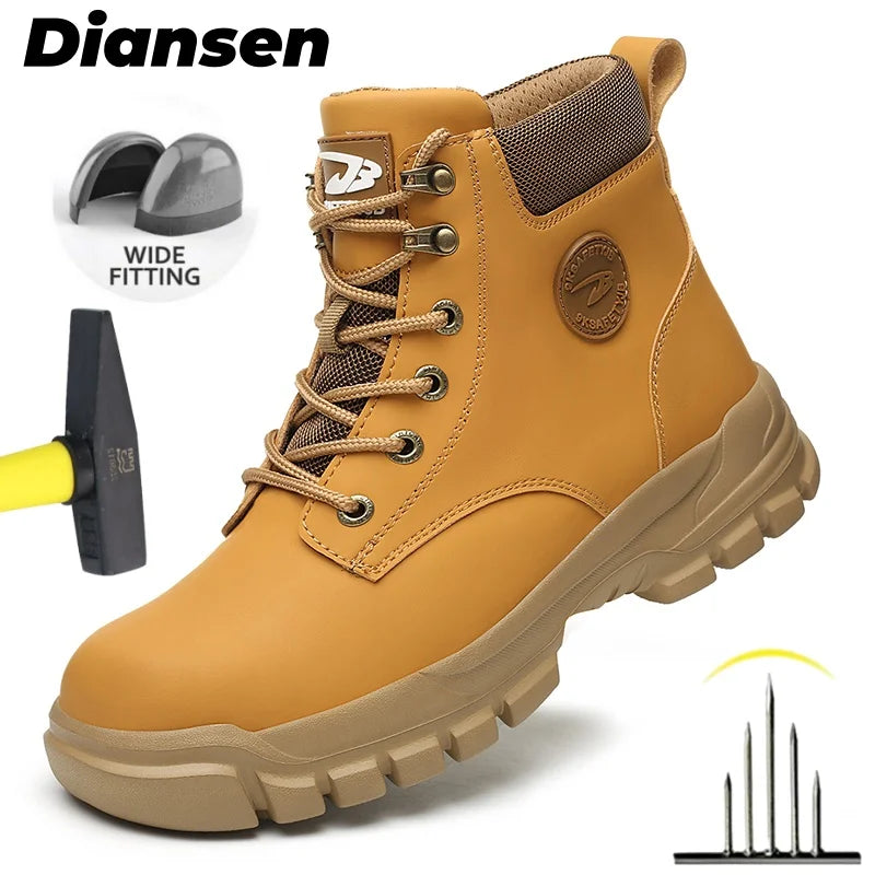 Lightweight steel toe sneakers for men and women, durable construction safety shoes with anti-smash protection and sturdy work boot design.