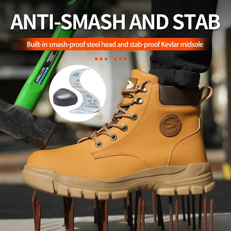 Lightweight black steel toe shoes for men and women, durable anti-smash work boots with safety features and construction style.