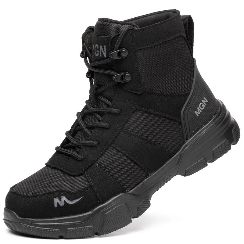 Lightweight steel toe work sneakers for men and women, black, anti-smash safety shoes, durable construction boots for work safety