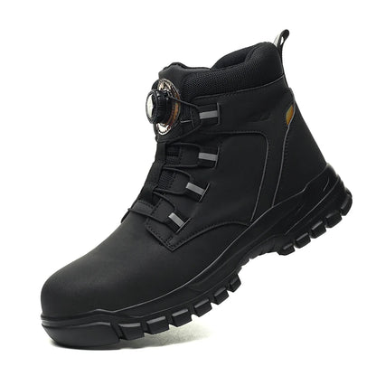 Lightweight black steel toe work sneakers for men and women with anti-smash protection and durable construction safety features.
