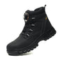 Lightweight black steel toe work sneakers for men and women with anti-smash protection and durable construction safety features.