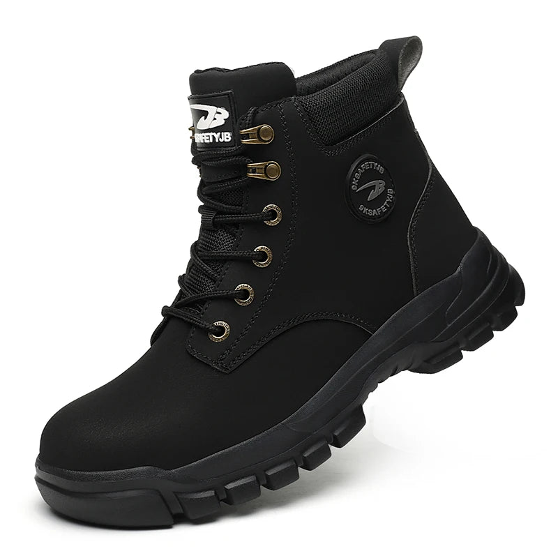 Lightweight black steel toe shoes for men and women, durable construction safety sneakers with anti-smash protective steel toes.