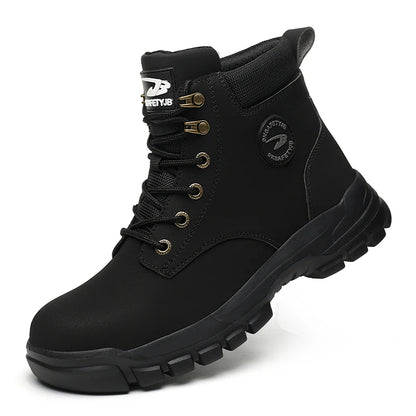 Lightweight black steel toe shoes for men and women, durable construction safety sneakers with anti-smash protective steel toes.