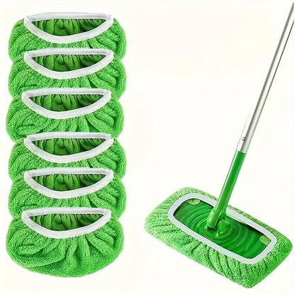 Six reusable microfiber mop mats for dry and wet cleaning, compatible with flat mops, designed for effective floor cleaning.
