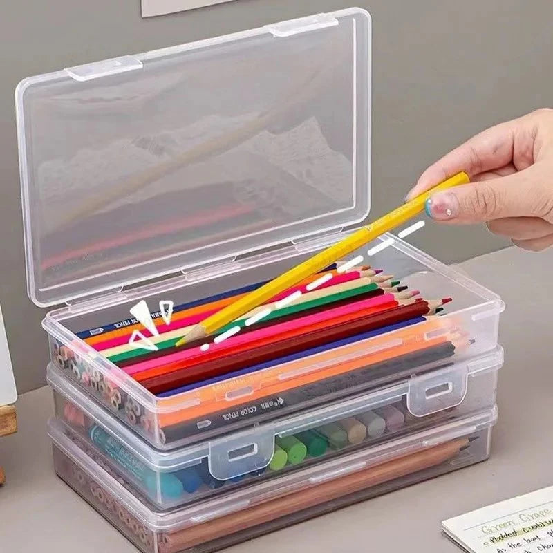 Multi-function PP pencil case storage box with compartments, ideal for school supplies, office pens, and stationery organization.