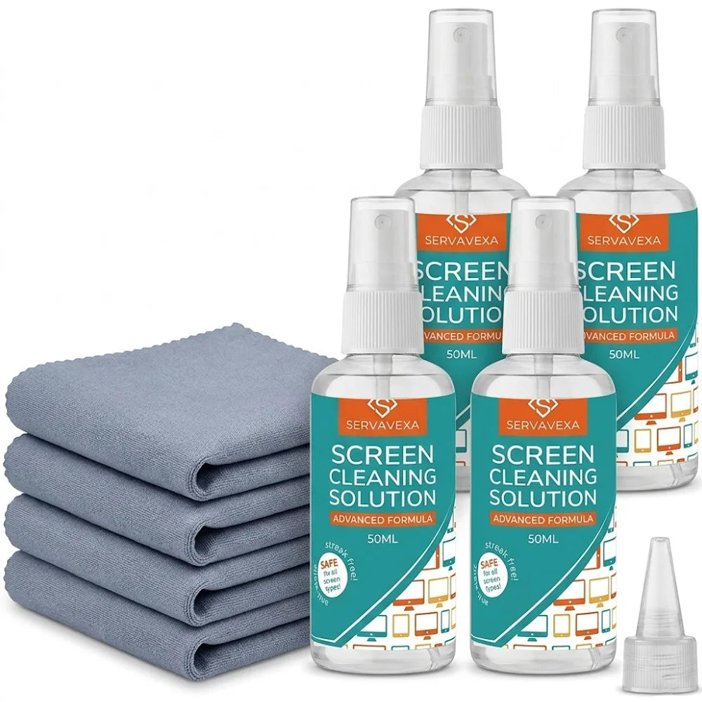 BACKUPMYFILESNOW® SERVAVEXA screen cleaner spray kit with microfiber cloth for laptops, phones, TVs, monitors, and tablets.