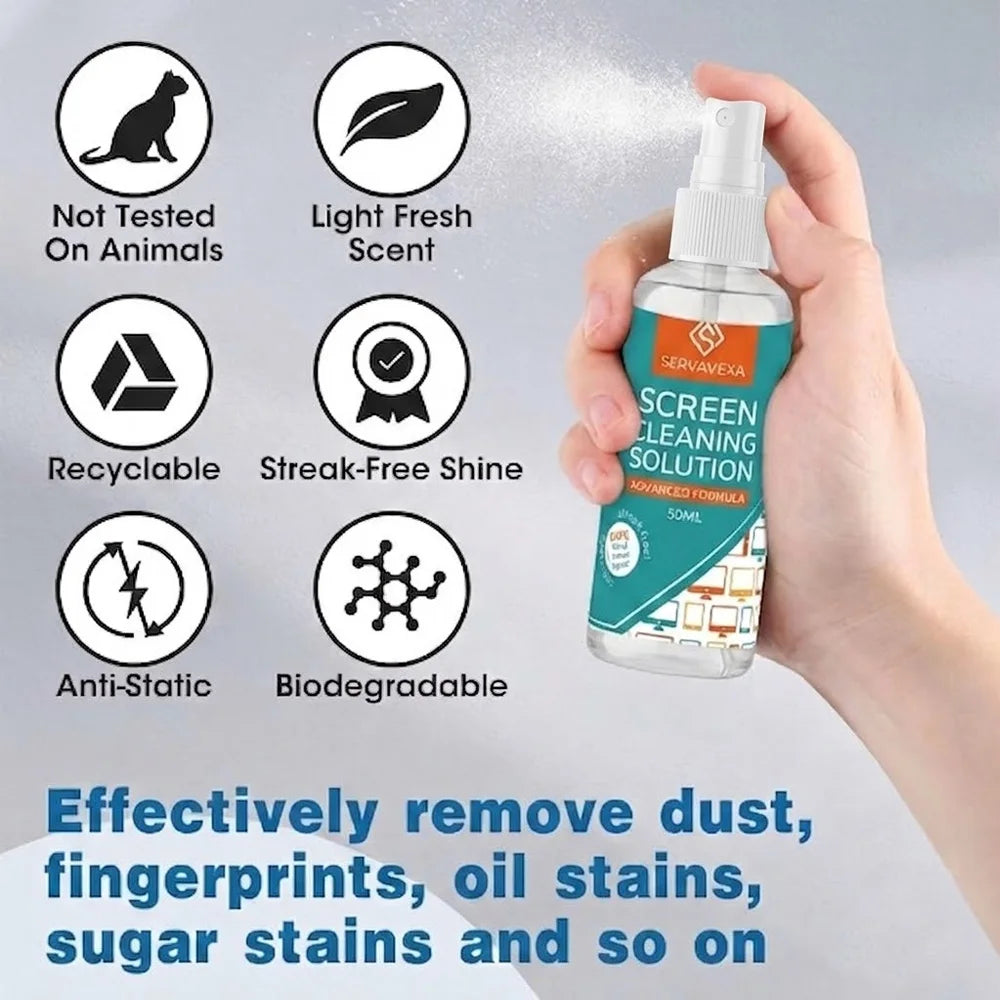 ServaVexa screen cleaner spray kit with microfiber cloth for laptops, phones, TVs, monitors, and tablets, streak-free lens cleaning.