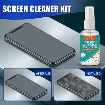 SERVAVEXA screen cleaner spray kit with microfiber cloth for laptops, phones, TVs, and tablets, streak-free lens cleaning solution.